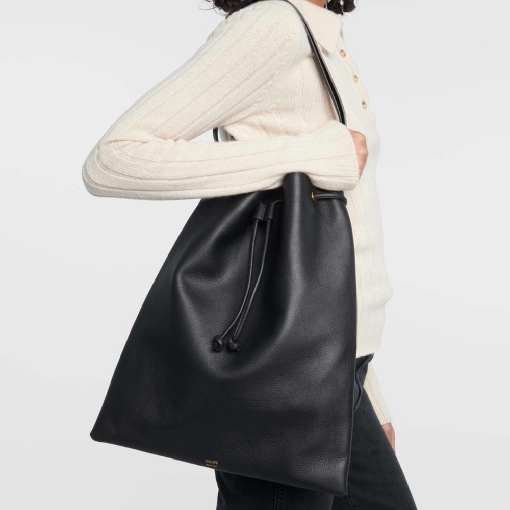 NWT KHAITE Greta Black Leather Drawstring Bag
